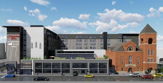 Rendering of the $30 million hotel and the Bethel African Methodist Episcopal Church (CSO Architects)